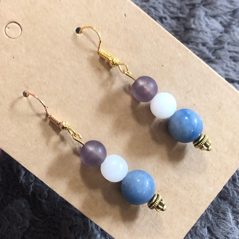 Handcrafted genuine stone anhydrite milky quartz amethyst dangle earrings